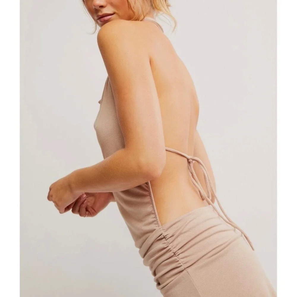 FP Beach Free People Cowl Neck Backless Halter Ruched Mini Dress Pink XS‎